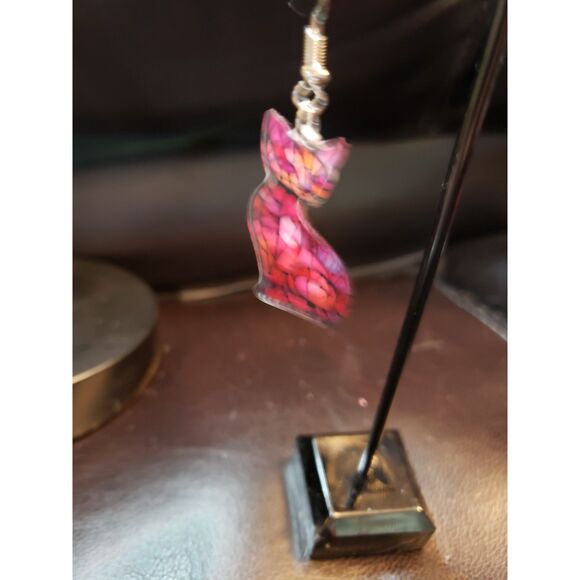 Pink Stained Glass CAT Earrings Dangle Acrylic - Picture 4 of 4
